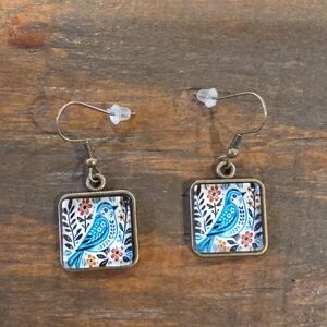 Fashion Jewelry Blue Bird Square Drop Earrings - Blue & White